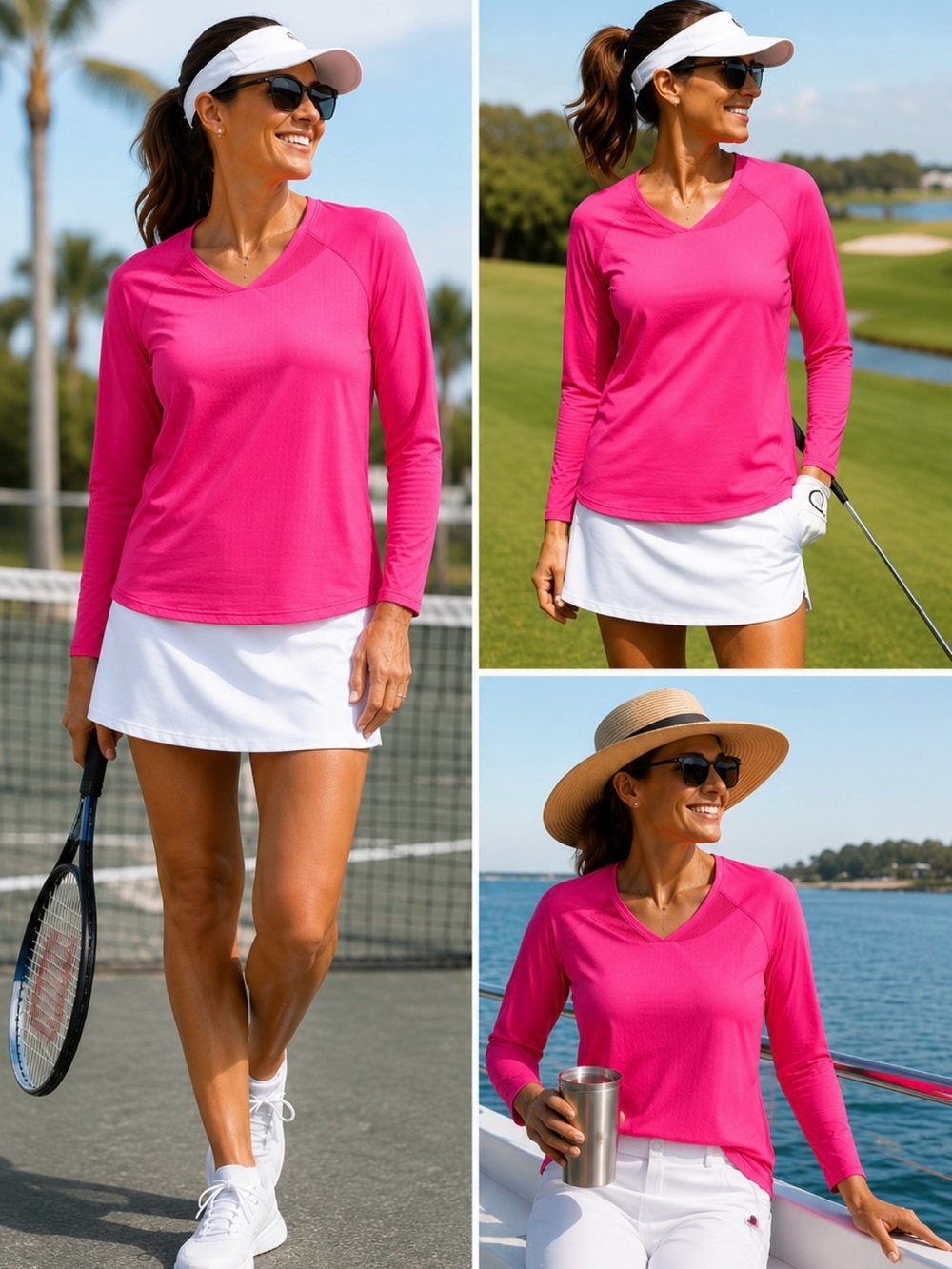 SanSoleil SolTek LUX Fuchsia Pink UPF 50+ Cooling Long Sleeve Active Top ~L💚🎀